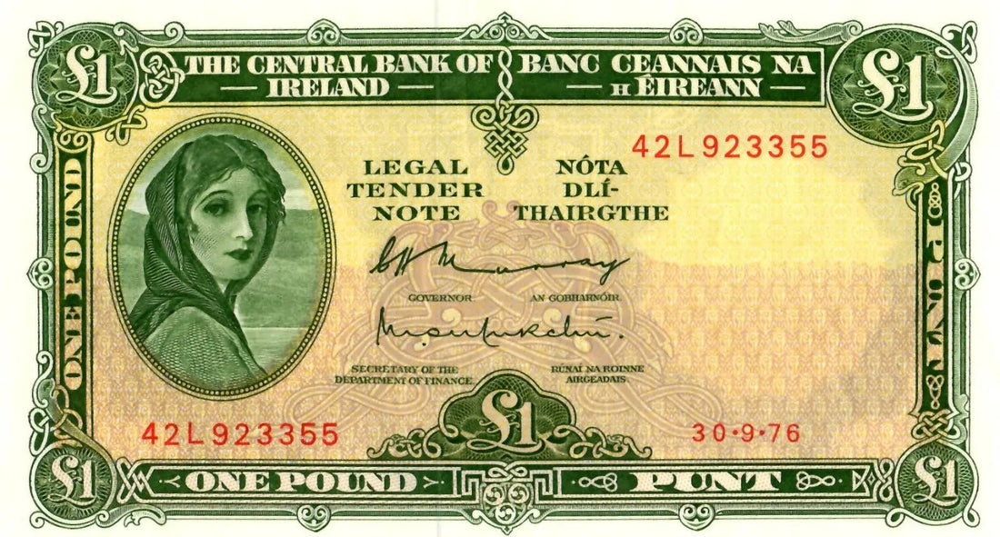 Front of a 1976 Irish £1 banknote featuring the portrait of Lady Lavery and serial number 42L 923355