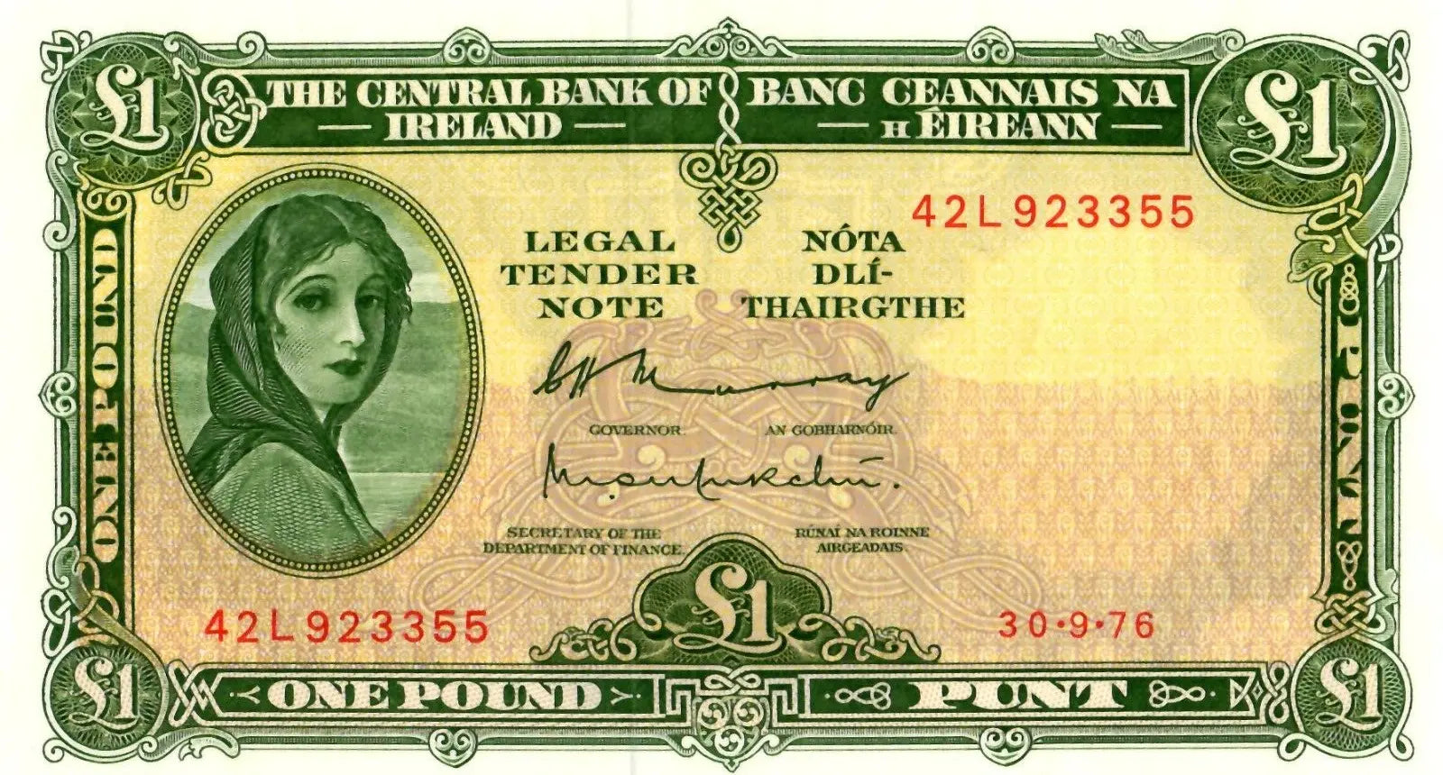 Front of a 1976 Irish £1 banknote featuring the portrait of Lady Lavery and serial number 42L 923355