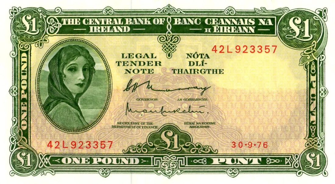 Front of a 1976 Ireland £1 banknote featuring Lady Lavery and serial number 42L 923357.