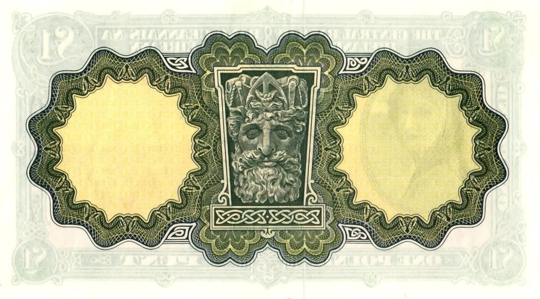 Front of a 1976 Irish £1 banknote featuring the portrait of Lady Lavery and serial number 42L 923355