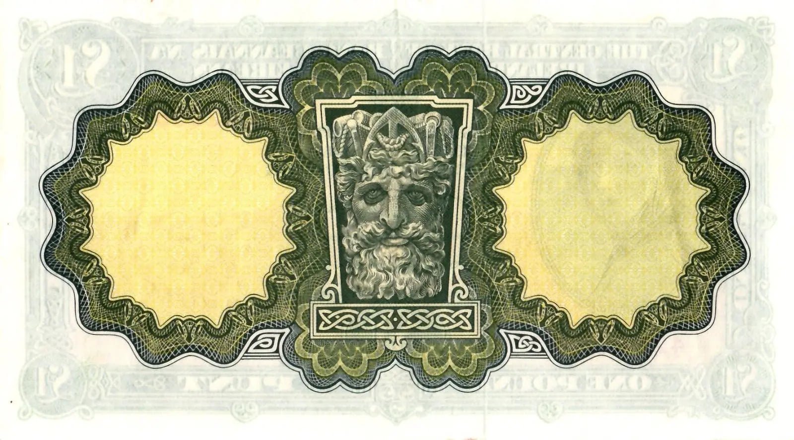 Reverse of a 1976 Ireland £1 note showing the River God Erne mask and Celtic knotwork.