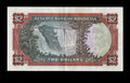 Reverse of 1975 Rhodesia 2 Dollar note featuring a detailed view of Victoria Falls.