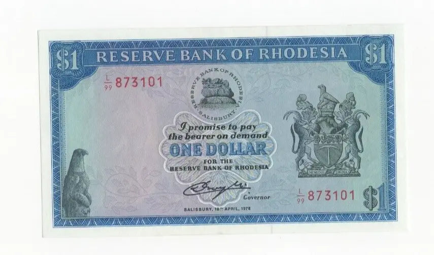 Front of a 1978 Rhodesia 1 Dollar banknote featuring the Balancing Rocks and serial number L/99 873101.