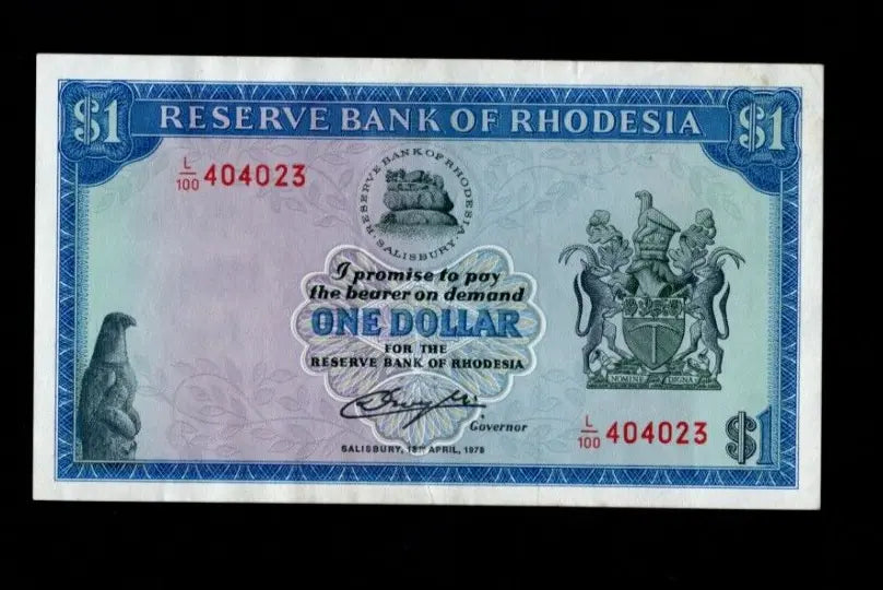 Front of a circulated 1978 Rhodesia 1 Dollar banknote featuring the Balancing Rocks and serial number L/100 404023.