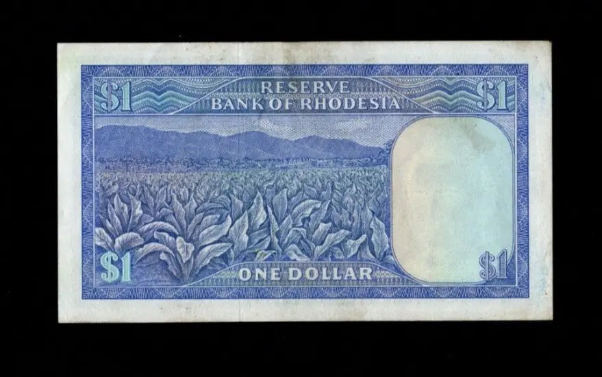 Front of 1978 Rhodesia 1 Dollar banknote featuring the Balancing Rocks and serial number L/111 125821.