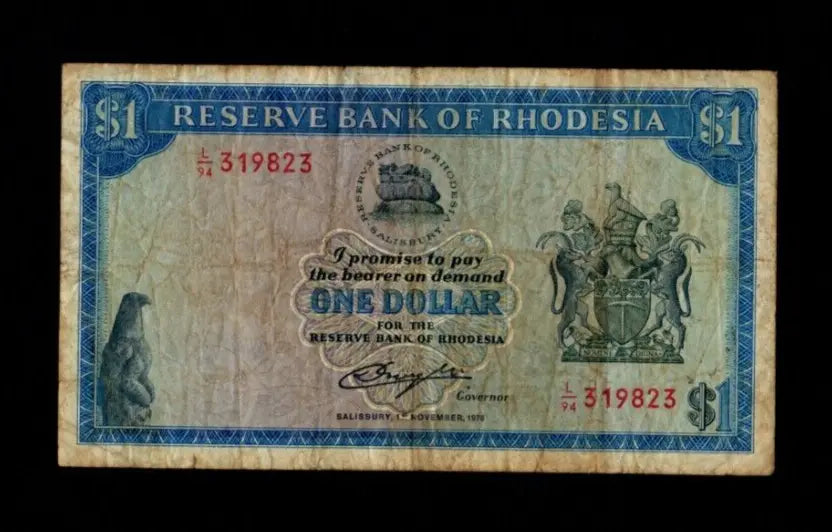 Front of a circulated 1978 Rhodesia 1 Dollar banknote featuring the Balancing Rocks and Coat of Arms.
