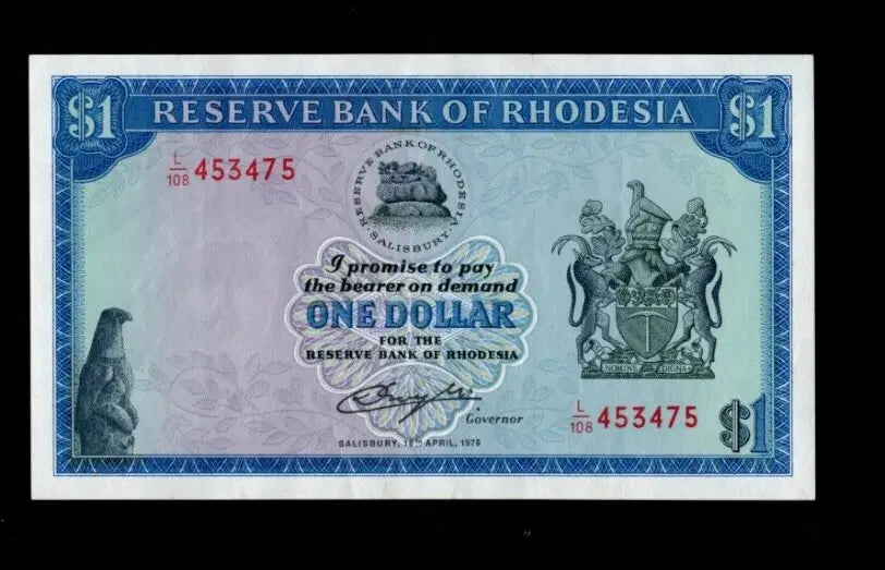Front of 1978 Rhodesia 1 Dollar banknote featuring Balancing Rocks and serial number L/108 453475