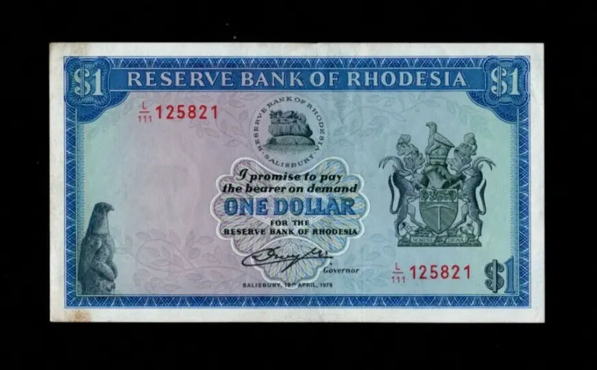 Front of 1978 Rhodesia 1 Dollar banknote featuring the Balancing Rocks and serial number L/111 125821.