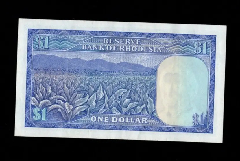 Front of 1978 Rhodesia 1 Dollar banknote featuring Balancing Rocks and serial number L/108 453475