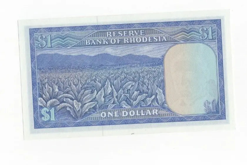 Front of a 1978 Rhodesia 1 Dollar banknote featuring the Balancing Rocks and serial number L/99 873101.