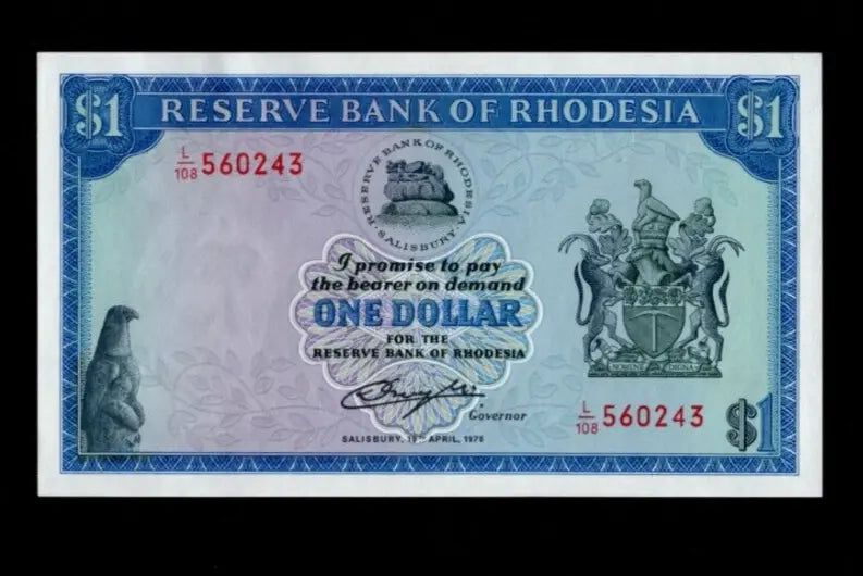 Front of 1978 Rhodesia 1 Dollar banknote featuring the Balancing Rocks and serial number L/108 560243