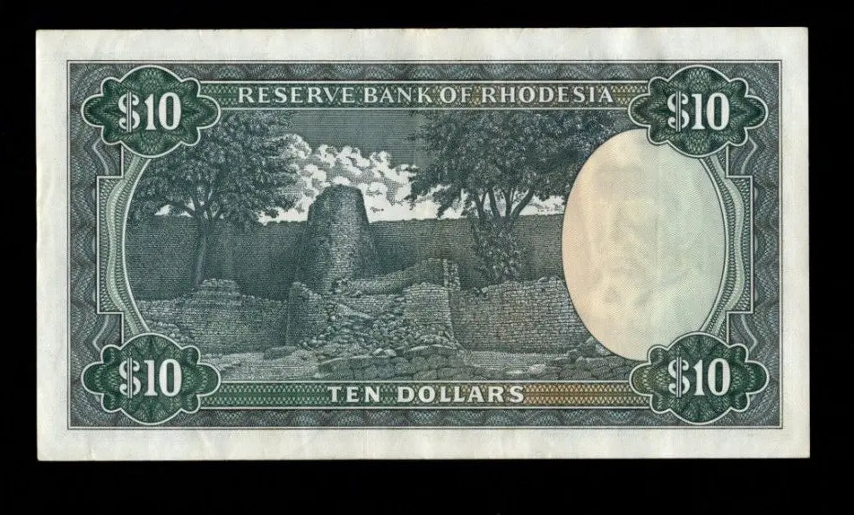 Reverse of 1978 Rhodesia 10 Dollar note showing the ancient stone walls of the Great Zimbabwe Ruins.