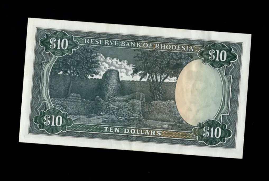 Front of 1978 Rhodesia 10 Dollar banknote featuring a Sable Antelope and Coat of Arms.