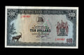 Front of 1978 Rhodesia 10 Dollar banknote featuring a Sable Antelope and Coat of Arms.