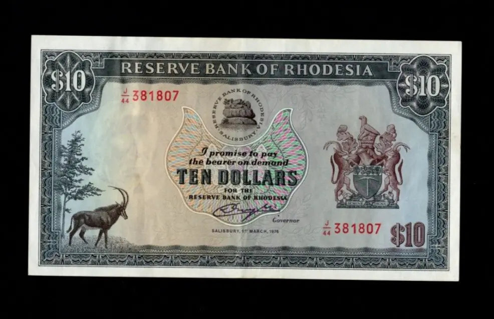 Front of 1978 Rhodesia 10 Dollar banknote featuring a Sable Antelope and Coat of Arms.