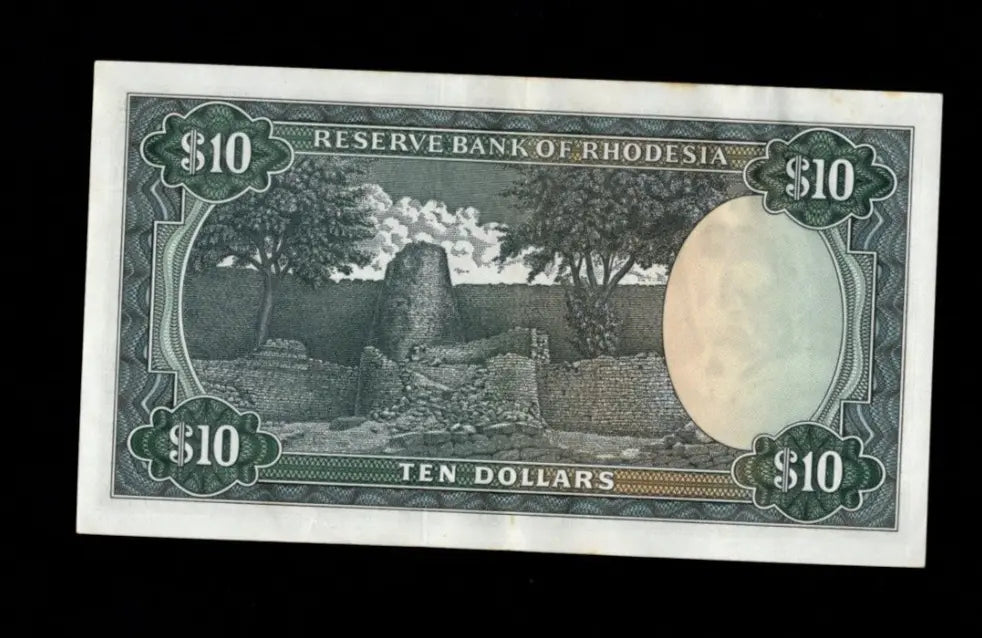 Reverse of 1978 Rhodesia 10 Dollar note showing the stone walls of the Great Zimbabwe Ruins.