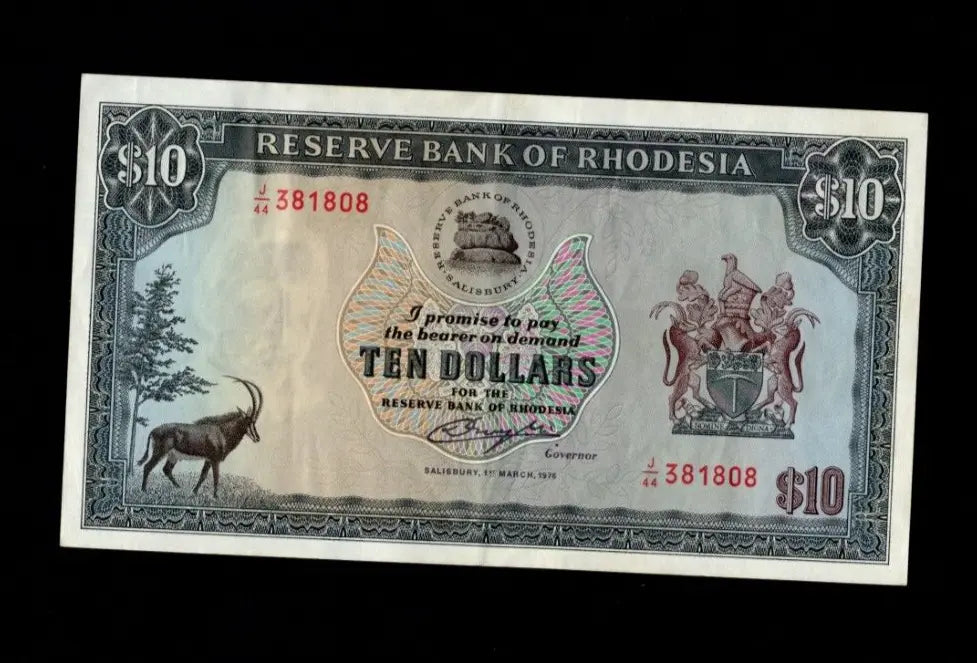 Front of 1978 Rhodesia 10 Dollar banknote featuring a Sable Antelope and the 1st March 1978 date.