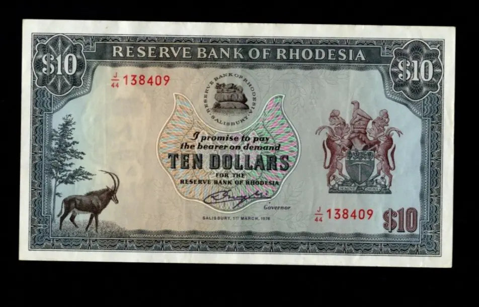 Front of 1978 Rhodesia 10 Dollar banknote featuring a Sable Antelope and serial number J/44 138409.