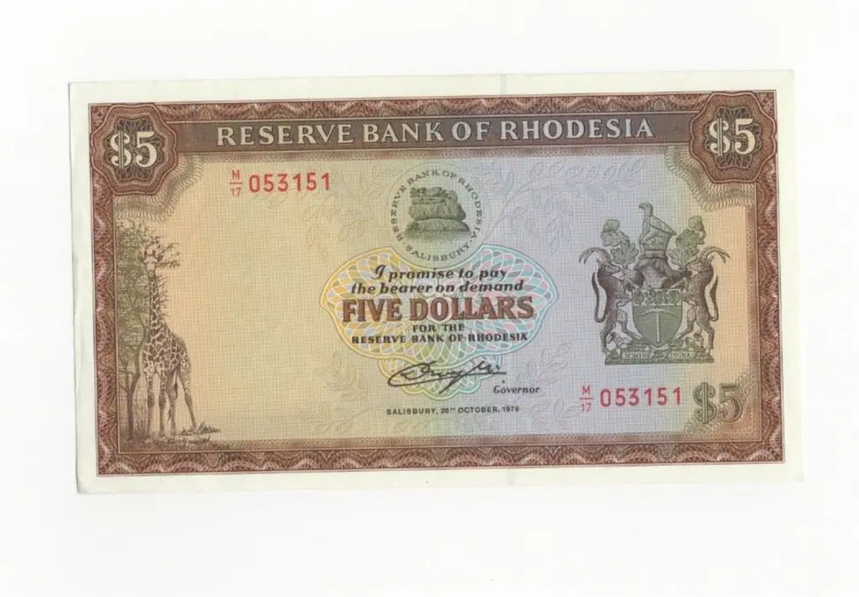 Front of a 1978 Rhodesia 5 Dollar banknote featuring a Giraffe and serial number M/17 053151