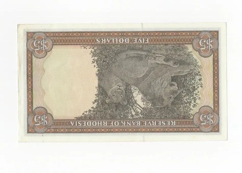 Front of a 1978 Rhodesia 5 Dollar banknote featuring a Giraffe and serial number M/17 053151