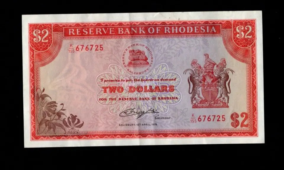 Front of 1979 Rhodesia 2 Dollar banknote featuring the Flame Lily and serial number K/155 676725
