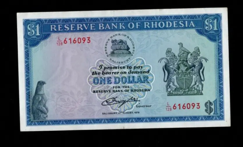 Front of 1979 Rhodesia 1 Dollar banknote featuring the Balancing Rocks and serial number L/128 616093