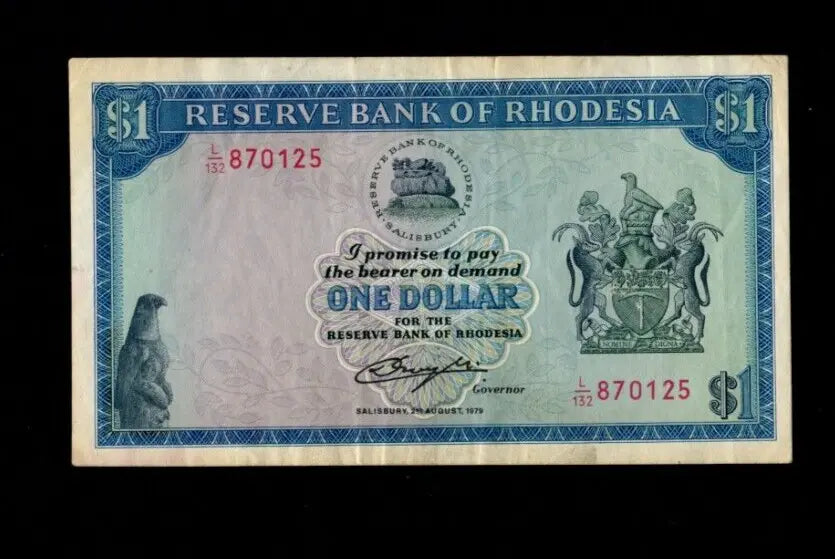 Front of 1979 Rhodesia 1 Dollar banknote featuring the Balancing Rocks and serial number L/132 870125.