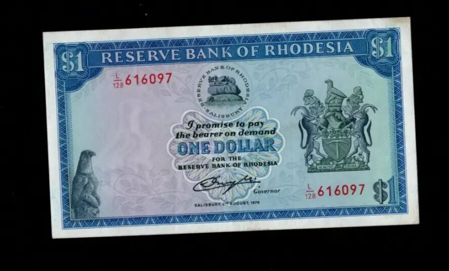 Front of 1979 Rhodesia 1 Dollar banknote featuring the Balancing Rocks and serial number L/128 616097