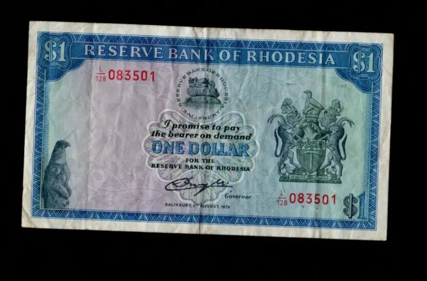 Front of 1979 Rhodesia 1 Dollar banknote featuring the Balancing Rocks and serial number L/128 083501.