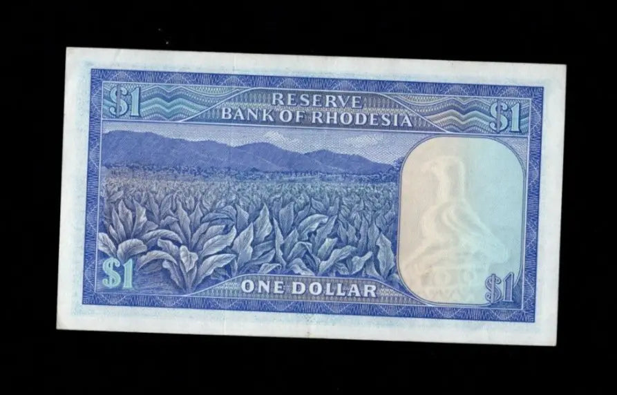 Front of 1979 Rhodesia 1 Dollar banknote featuring the Balancing Rocks and serial number L/128 616097