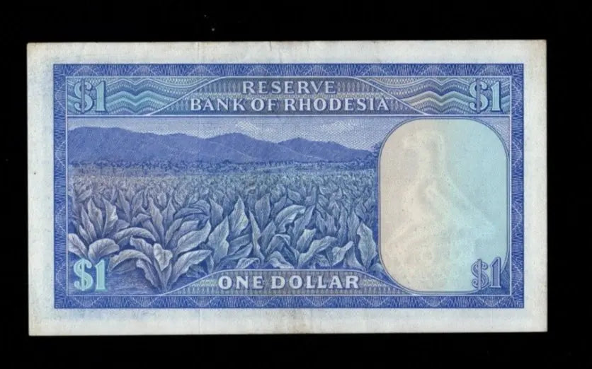 Reverse of 1979 Rhodesia 1 Dollar note showing a tobacco plantation and mountain landscape