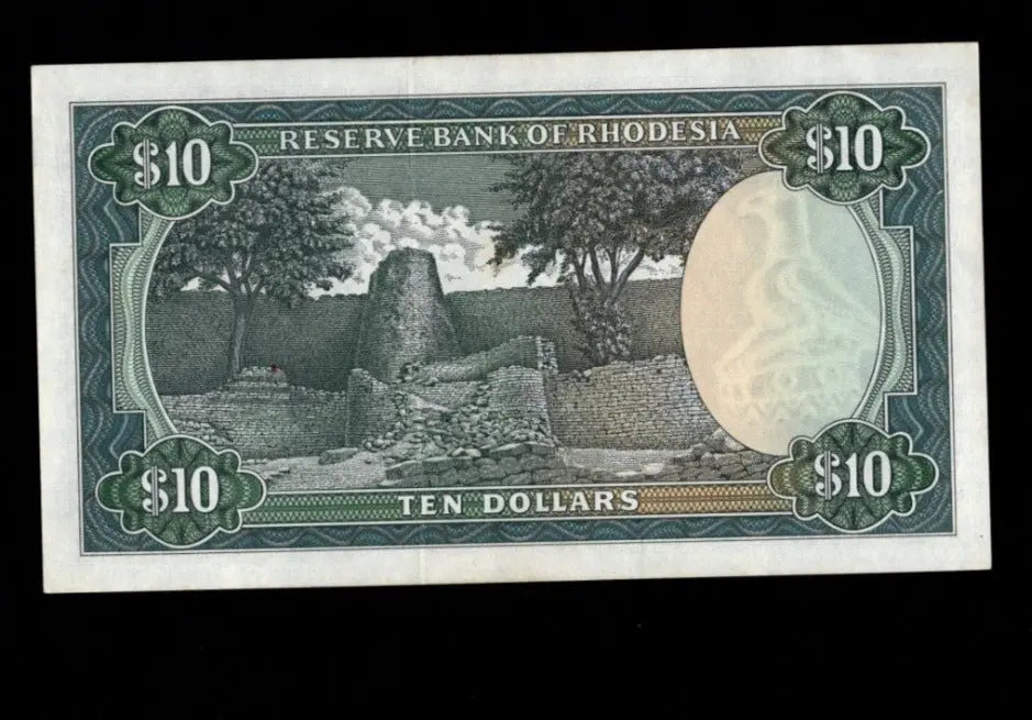 Front of 1979 Rhodesia 10 Dollar banknote featuring a Sable Antelope and serial number J/62 247506