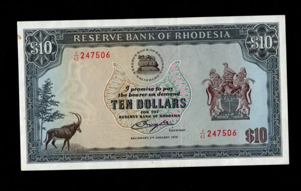 Front of 1979 Rhodesia 10 Dollar banknote featuring a Sable Antelope and serial number J/62 247506