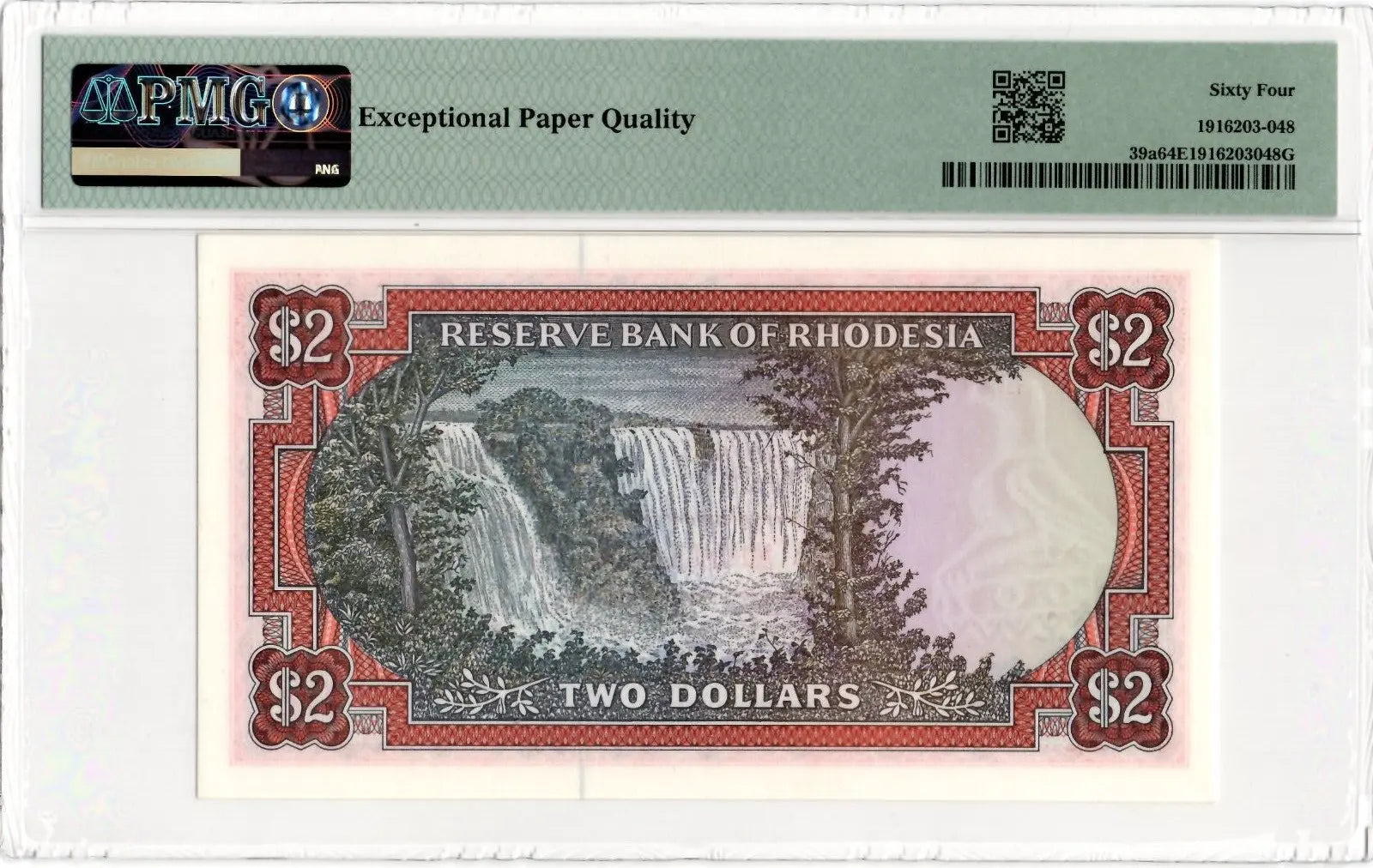Reverse of a graded 1979 Rhodesia 2 Dollar note showing the Victoria Falls landscape.