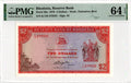 Front of a PMG 64 EPQ graded 1979 Rhodesia $2 banknote featuring a Flame Lily and serial K/159 279325.