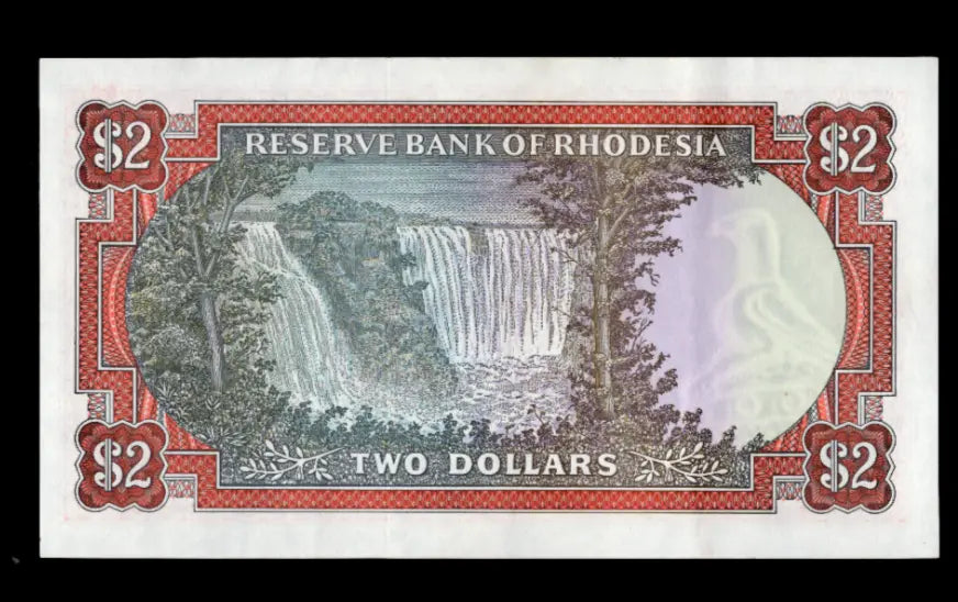 Front of 1979 Rhodesia 2 Dollar banknote featuring the Flame Lily and serial number K/167 622528.