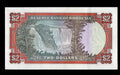 Reverse of 1979 Rhodesia 2 Dollar note featuring a detailed engraving of Victoria Falls.