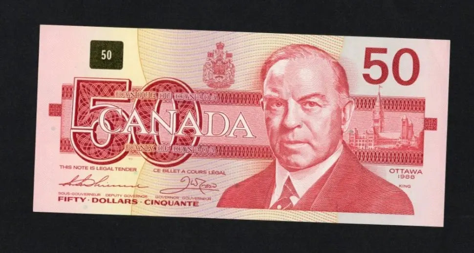 Front of 1988 Canada 50 Dollar banknote featuring William Lyon Mackenzie King and the Parliament Buildings