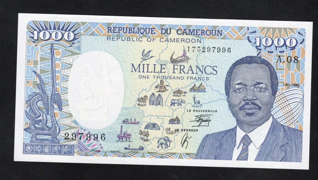 Front and back of an uncirculated 1990 Cameroon 1,000 Francs banknote featuring Paul Biya and an elephant.