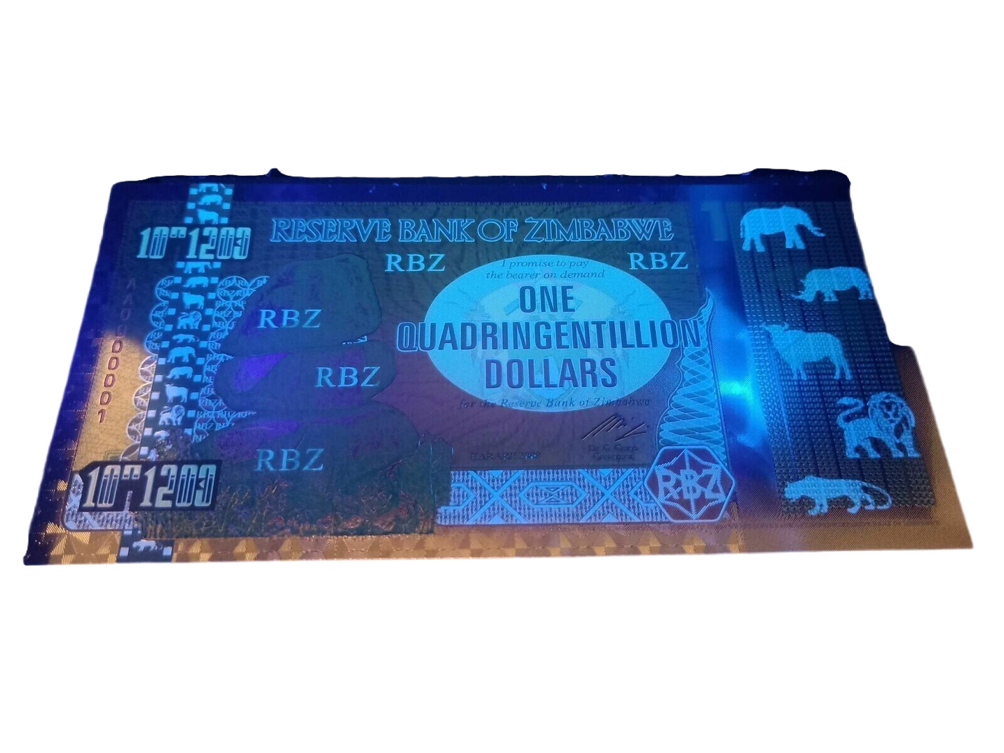 10xZimbabwe 1 Quadringentillion Dollars Gold Foil Banknote