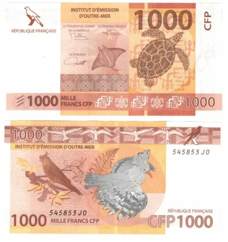 Reverse of 2014 French Pacific 1000 Francs banknote featuring a Kagu bird and Horned Parakeet.