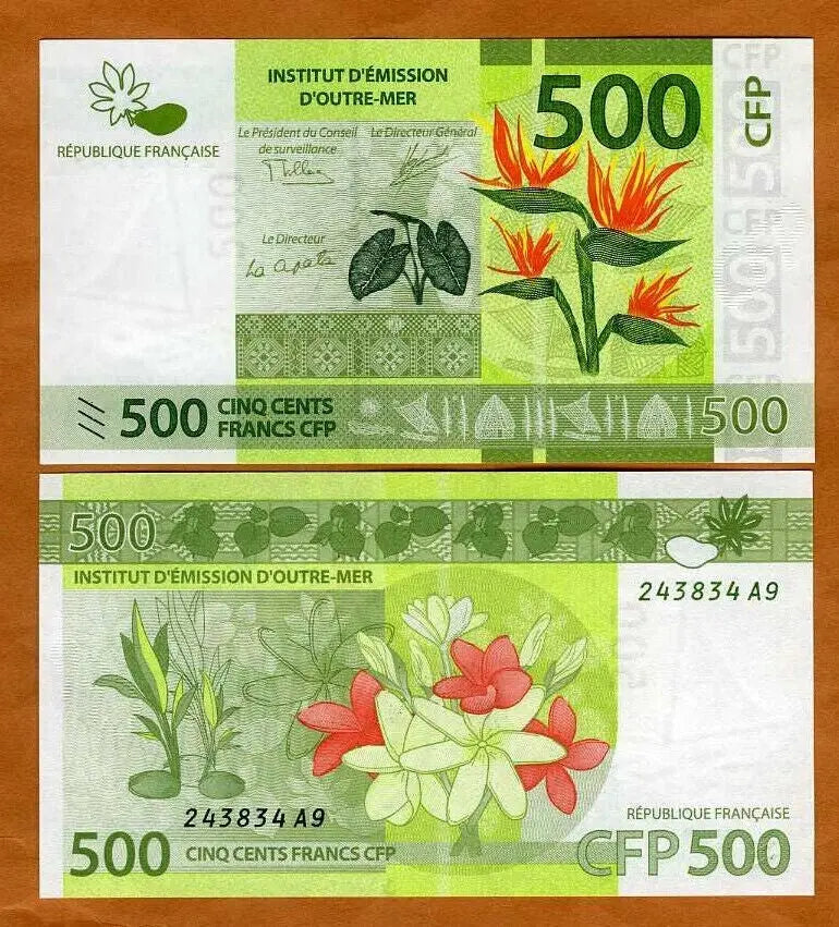 Front of 2014 French Pacific 500 Francs banknote featuring Bird of Paradise flowers and Kava leaves.