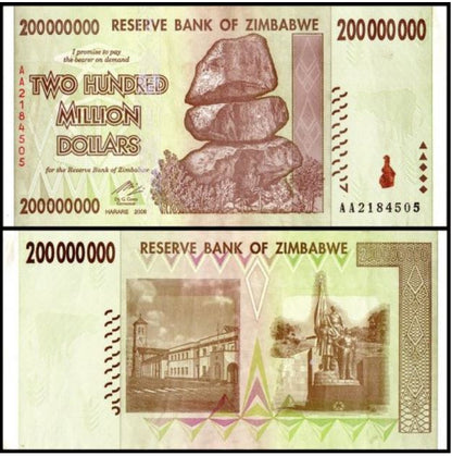 Zimbabwe 200 hundred million dollars banknotes used