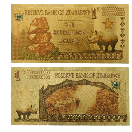Zimbabwe 1 Zettalilion Dollars Gold Foil Banknote Reserve Bank