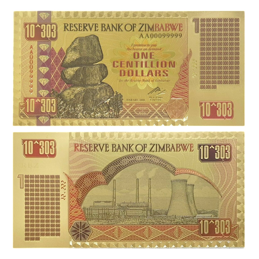 Zimbabwe 1 Centillion Dollars 24K Gold Foil Banknote 100 Trillion Series