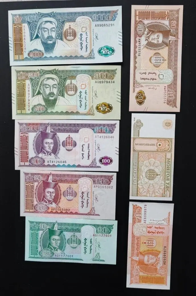 Assorted Mongolian banknotes with historical figures and cultural designs on black background