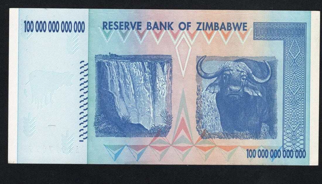 Front and back view of an authentic uncirculated 2008 Zimbabwe 100 Trillion Dollar banknote featuring the Balancing Rocks and Victoria Falls.