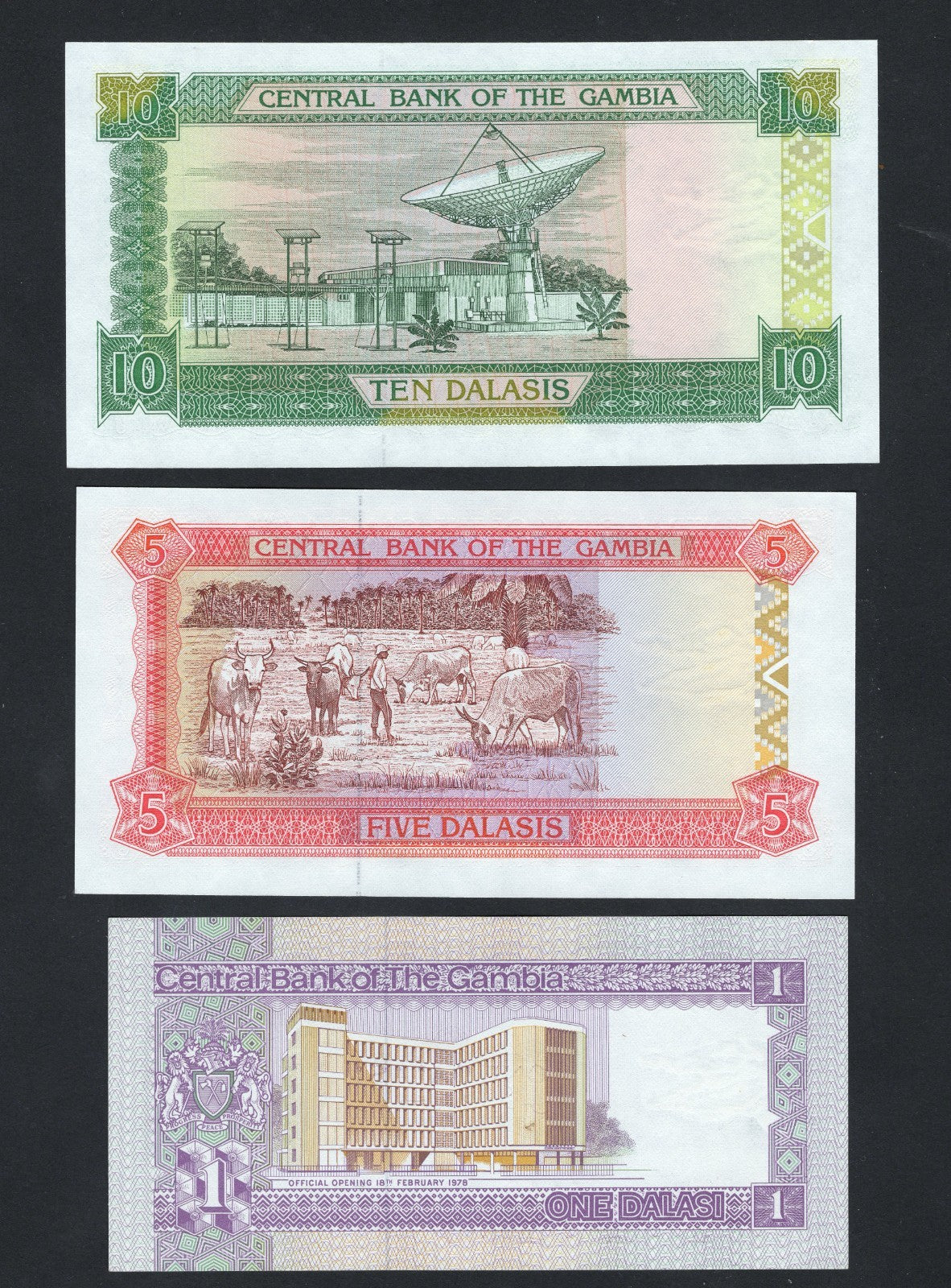 3 Gambia banknotes 1,5, 10 Dalasi(1971/1995) AUNC/F10