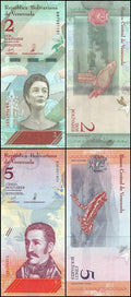 Venezuelan 2 and 5 bolívar banknotes, featuring portraits, native wildlife, and detailed illustrations.