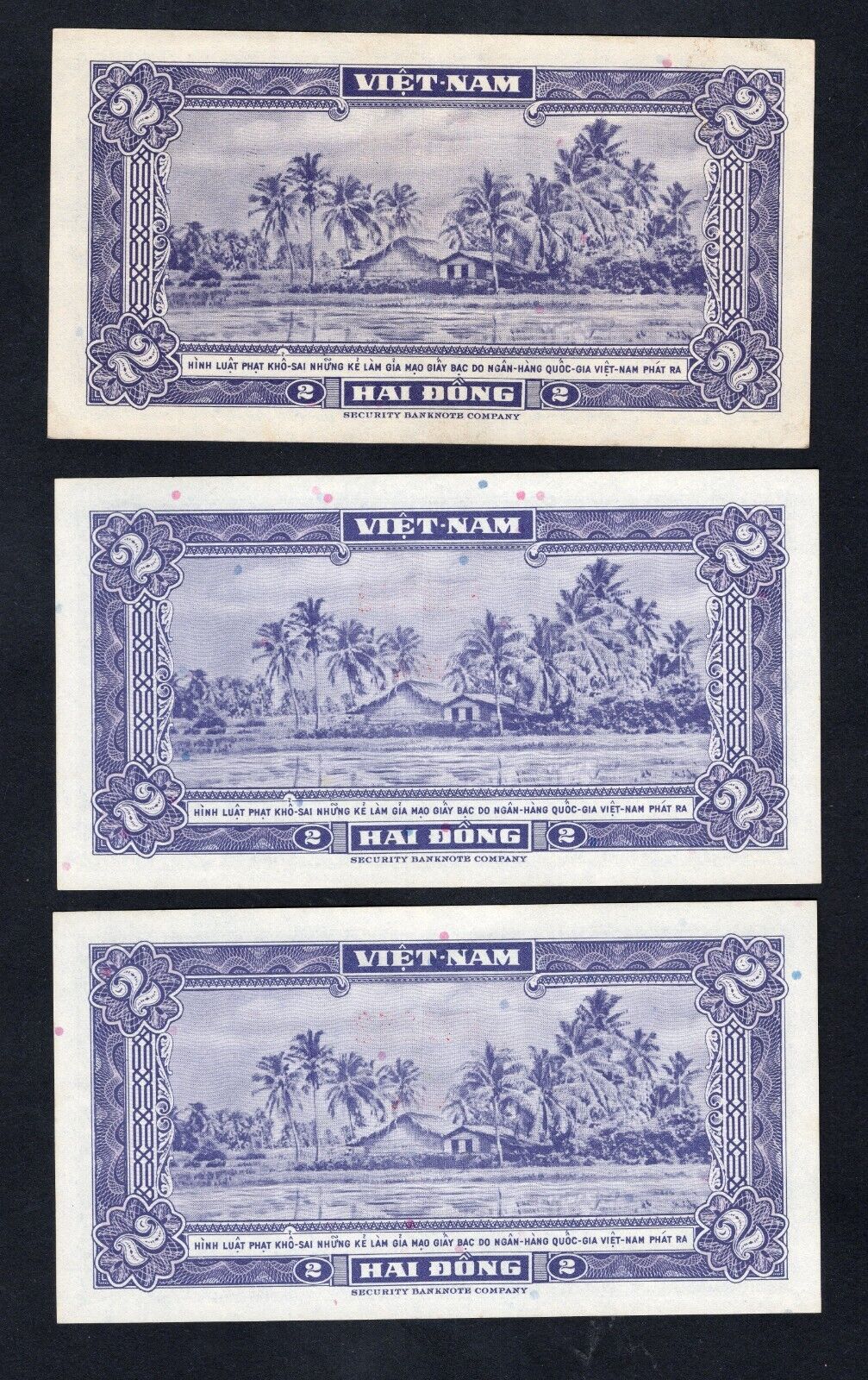 set of 3 notes:South Vietnam 2 Dong 1955 Fine/ref d5 - worldbanknote